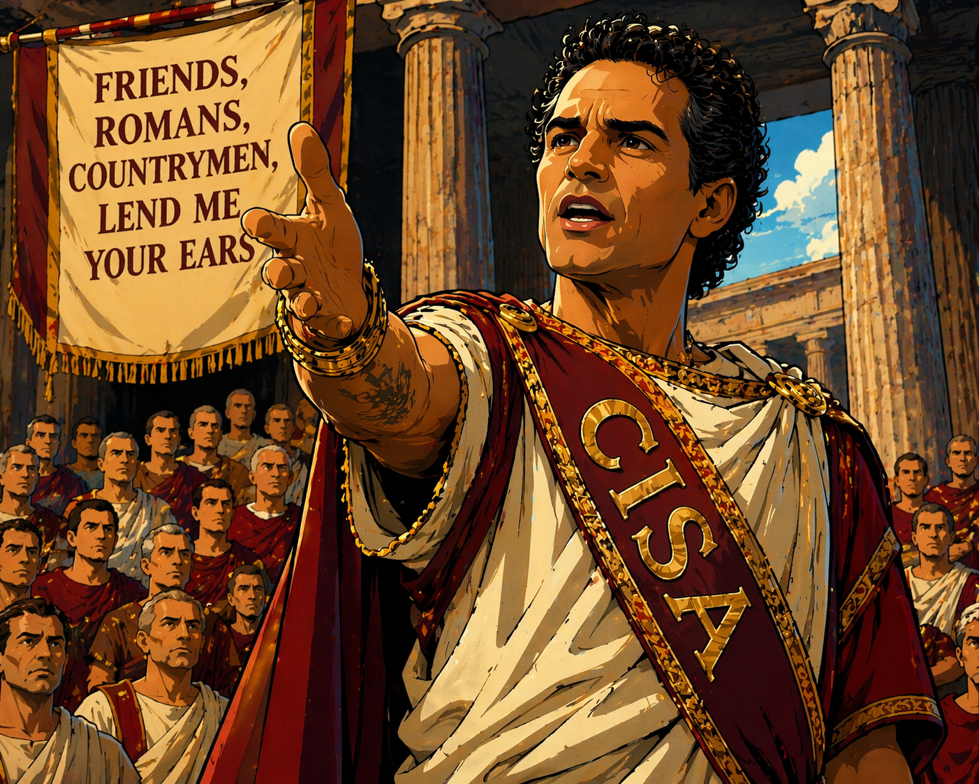 Roman man wearing a CISA sash speaking to a crowd.